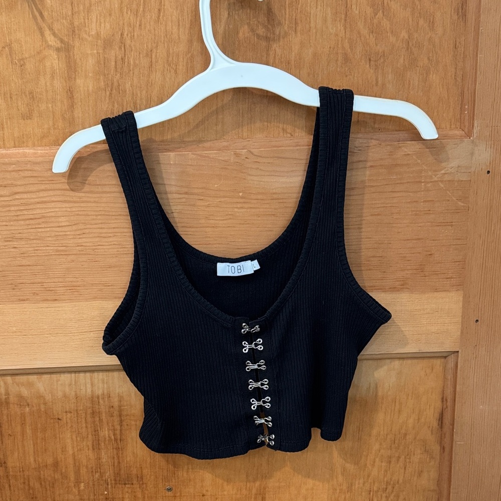 Tobi Black Hook Detail Ribbed Crop Top